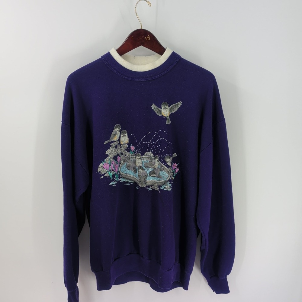 Vtg 90s‎ Morning Sun Whitton Ribbed Crew Neck Graphic Pullover Sweatshirt Blue
